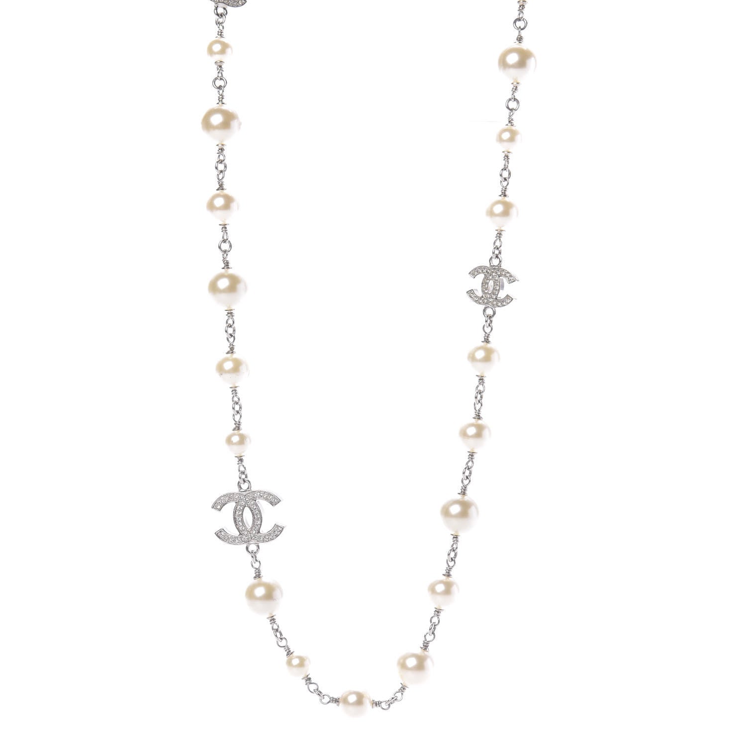 Chanel Crystal Pearl CC Long Necklace Silver 1 of 6