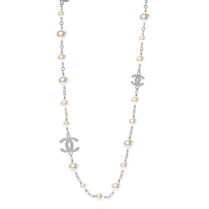 Chanel Crystal Pearl CC Long Necklace Silver 1 of 6