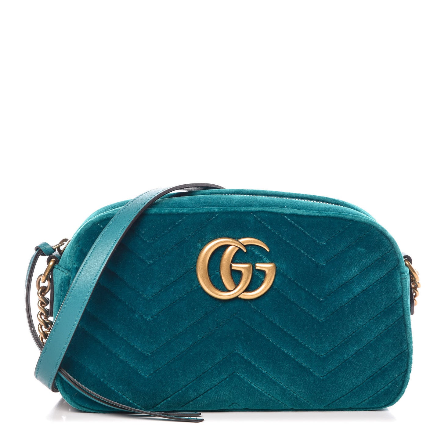 Velvet Matelasse Small GG Marmont Chain Shoulder Bag Pavone Cyan