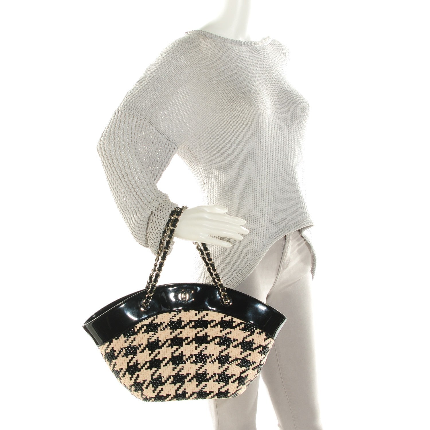 Chanel Patent Houndstooth Print Caning Basket Off White 2 of 7