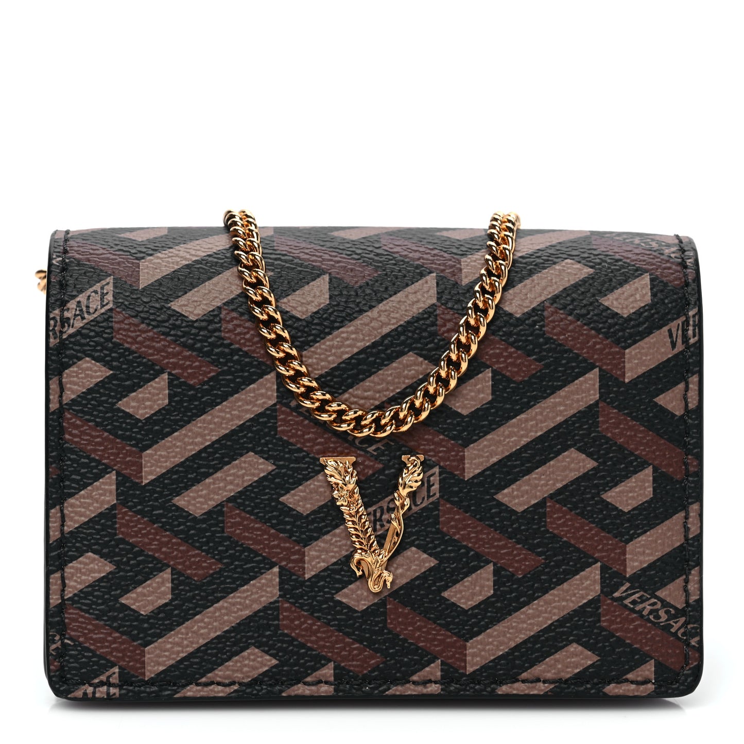 Coated Canvas La Greca Signature Print Virtus Mini Chain Bag Black Caramel