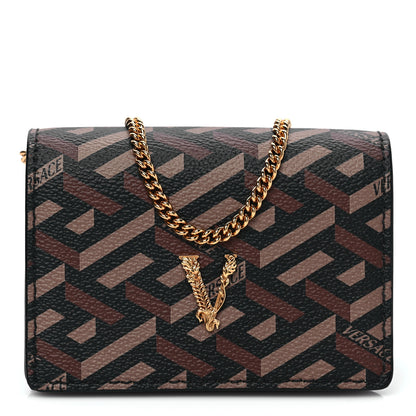 Versace Coated Canvas La Greca Signature Print Virtus Mini Chain Bag Black Caramel 1 of 7