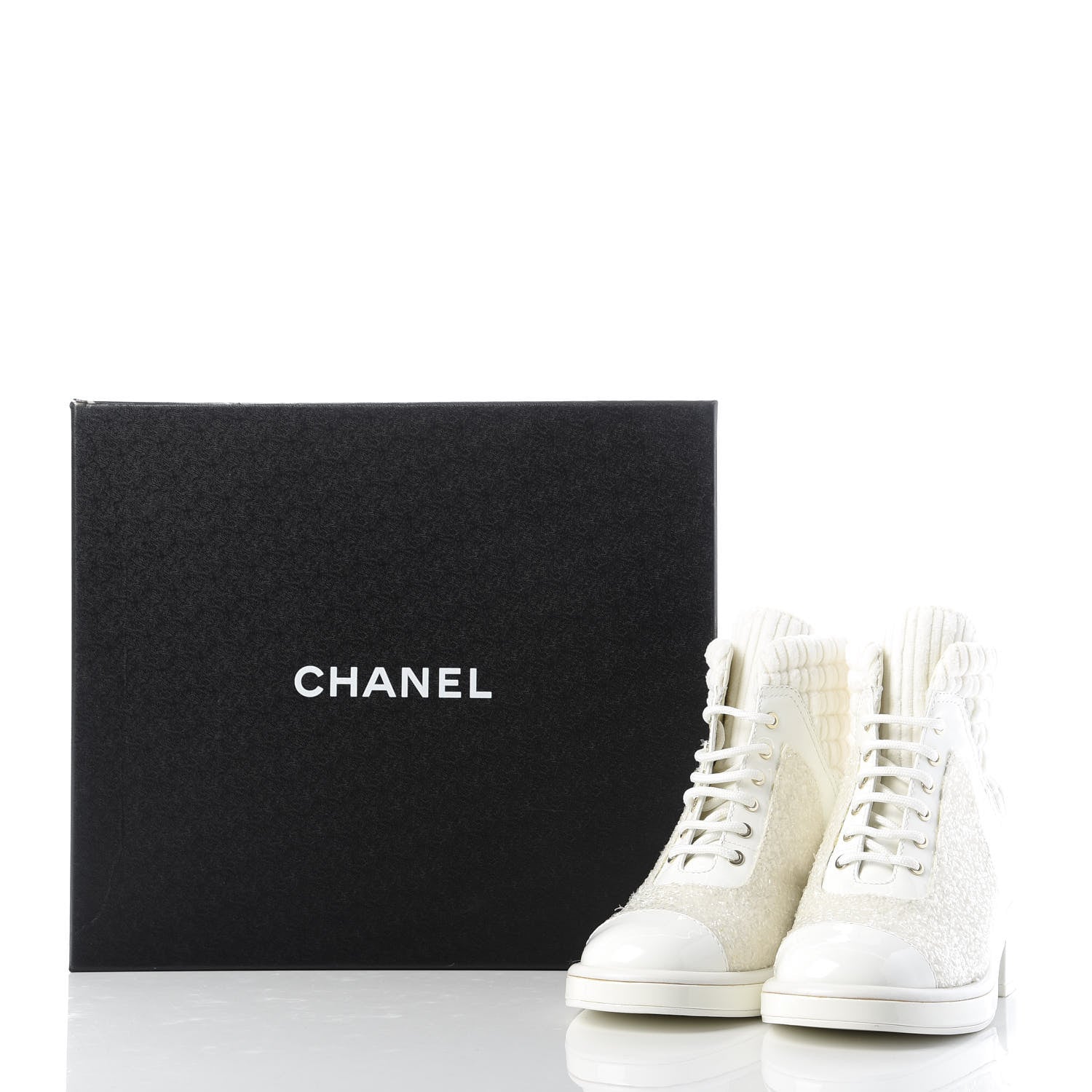 Chanel Tweed Patent Calfskin Velvet Lace Up Boots 37 White 9 of 9