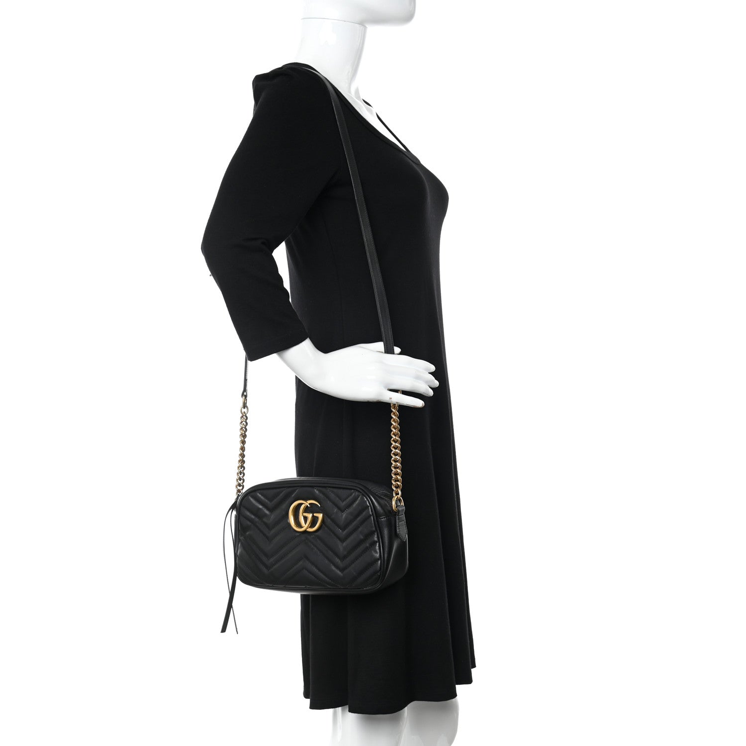 Gucci Calfskin Matelasse Small GG Marmont Chain Shoulder Bag Black 2 of 11
