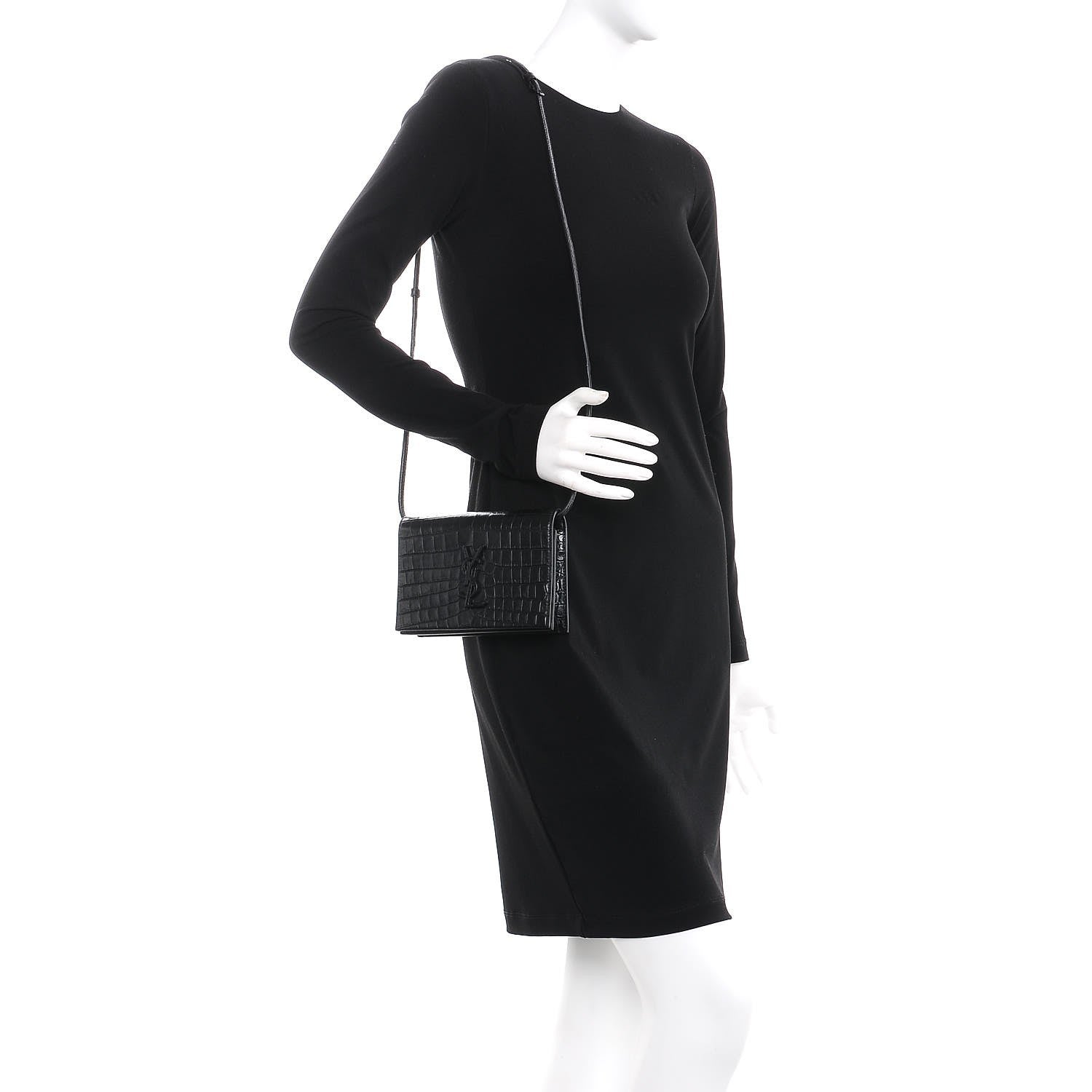 Saint Laurent Calfskin Crocodile Embossed Monogram Toy Kate Strap Wallet Black 3 of 13