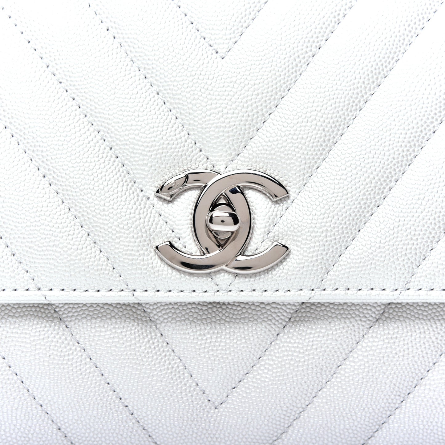 Iridescent Caviar Chevron Quilted Small Coco Handle Flap White