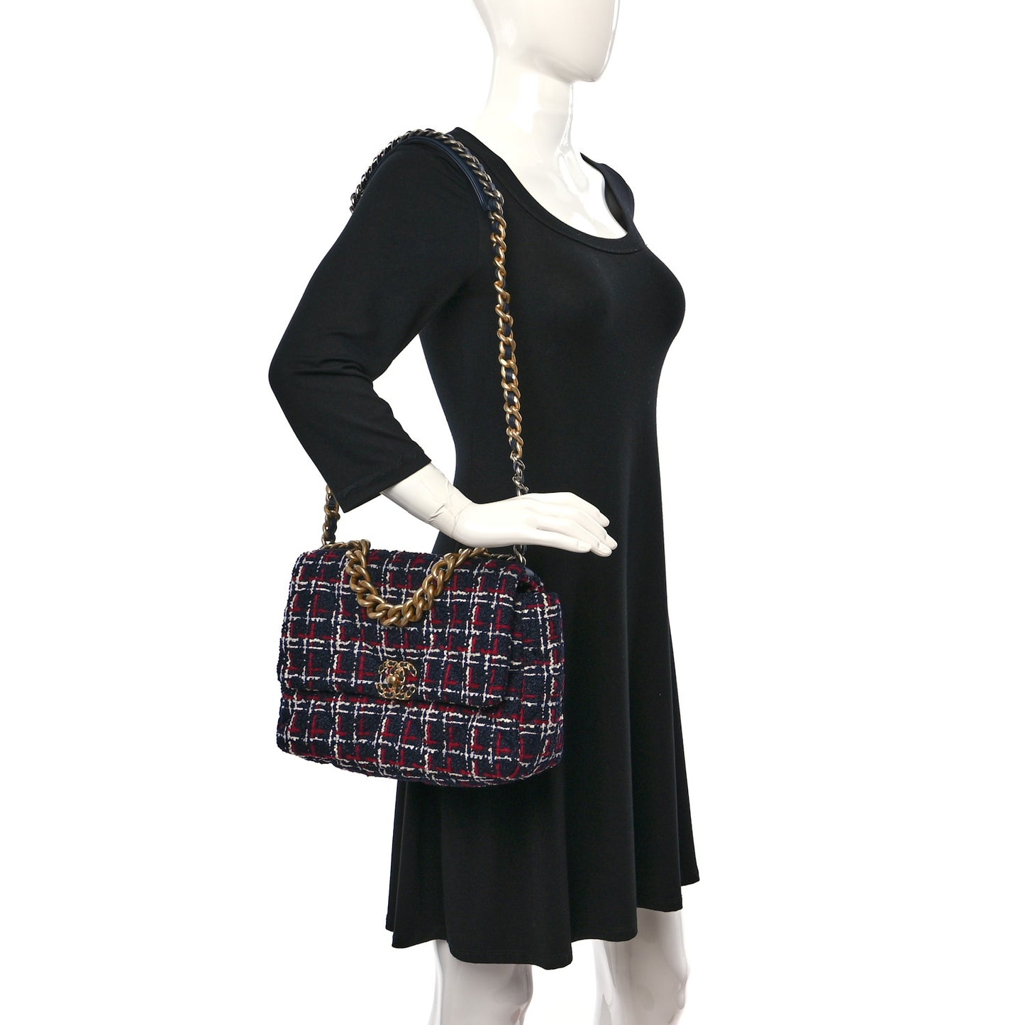 Tweed Quilted Large Chanel 19 Flap Navy Blue White Red