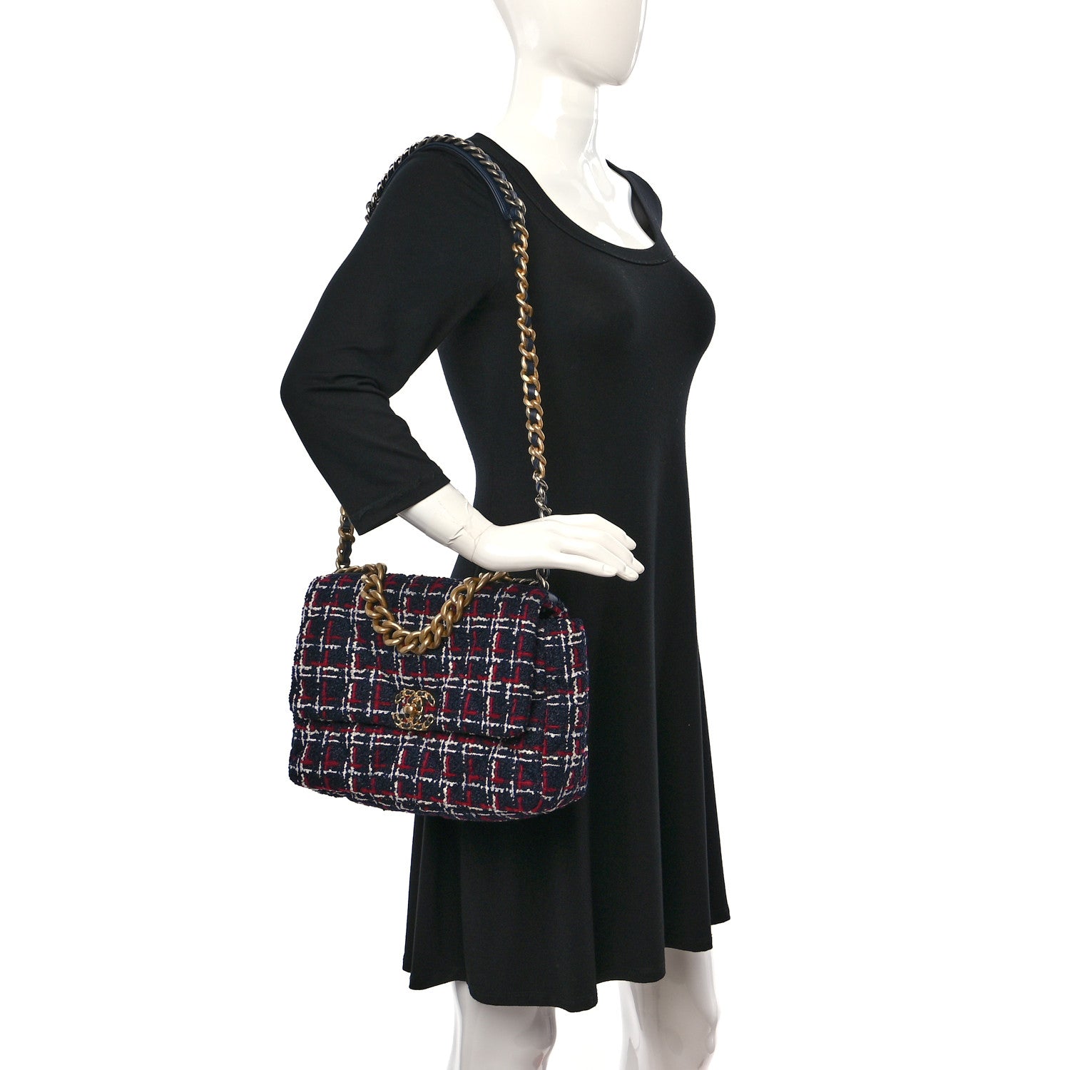 Chanel Tweed Quilted Large Chanel 19 Flap Navy Blue White Red 2 of 10