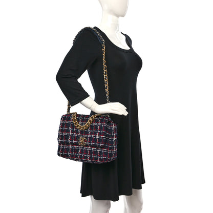 Chanel Tweed Quilted Large Chanel 19 Flap Navy Blue White Red 2 of 10
