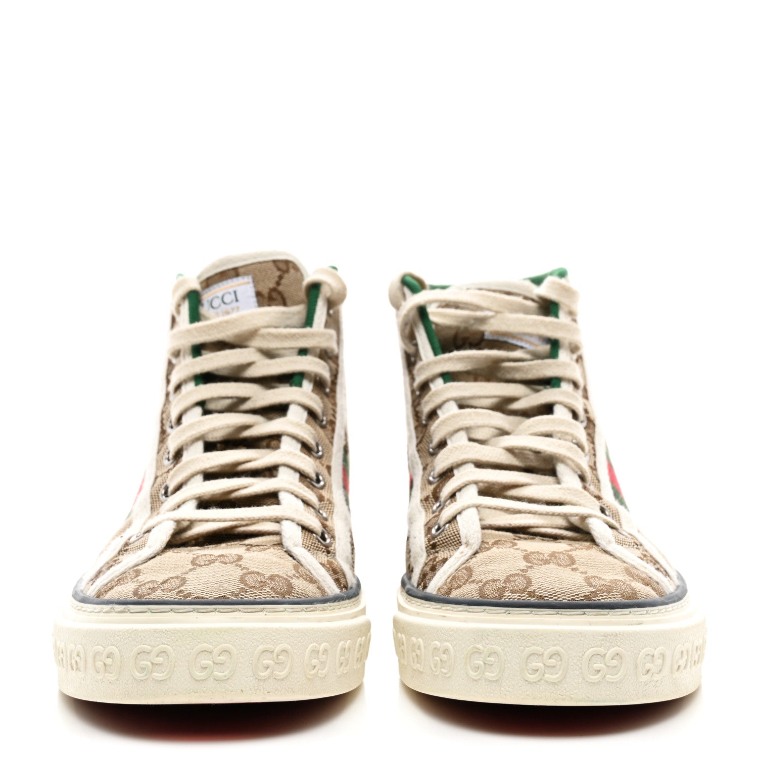 Gucci GG Monogram Web Womens 1977 Tennis High Top Sneakers 38 Beige Ebony Mystic White 2 of 7