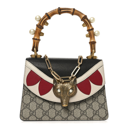 Gucci GG Supreme Monogram Goatskin Pearl Mini Fox Broche Bamboo Top Handle Bag Beige Ebony Black Hibiscus Red Mystic White 1 of 10