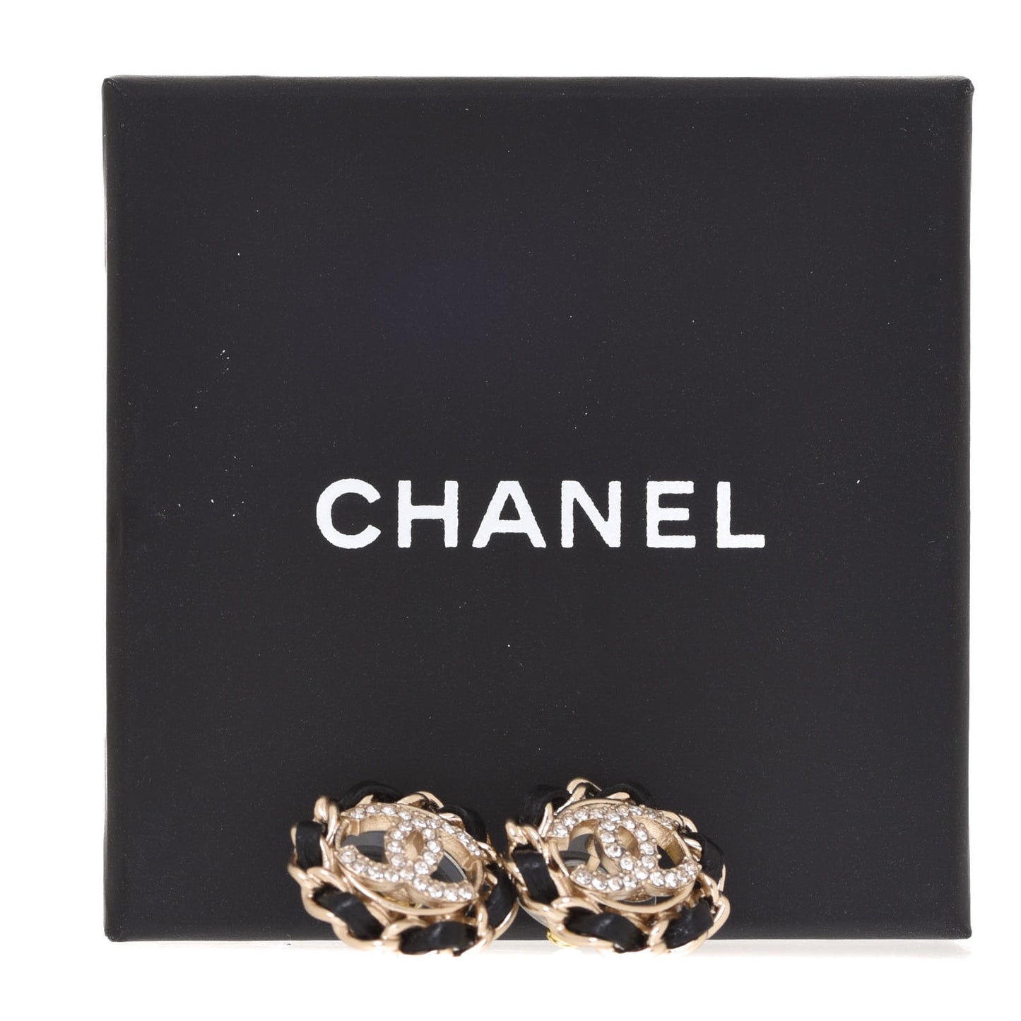 Crystal Lambskin Chain CC Stud Earrings Black Gold
