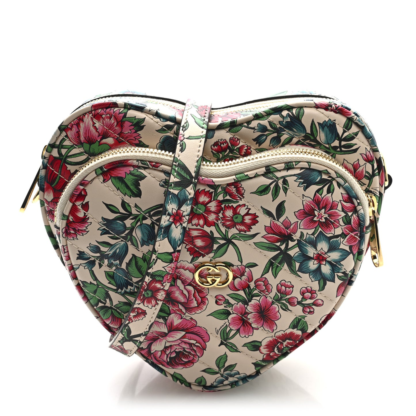 Calfskin Matelasse Diagonal Brit Roses Print Mini Interlocking G Heart Shoulder Bag  White Multicolor