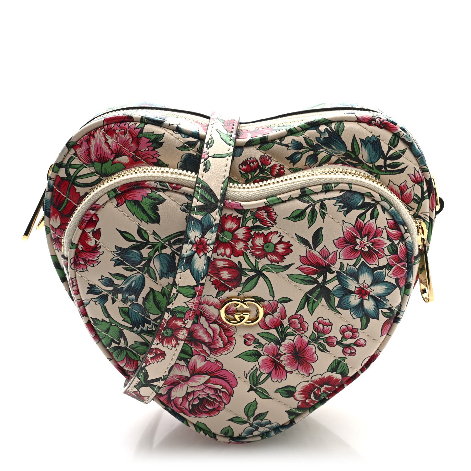 Gucci Calfskin Matelasse Diagonal Brit Roses Print Mini Interlocking G Heart Shoulder Bag  White Multicolor 1 of 9