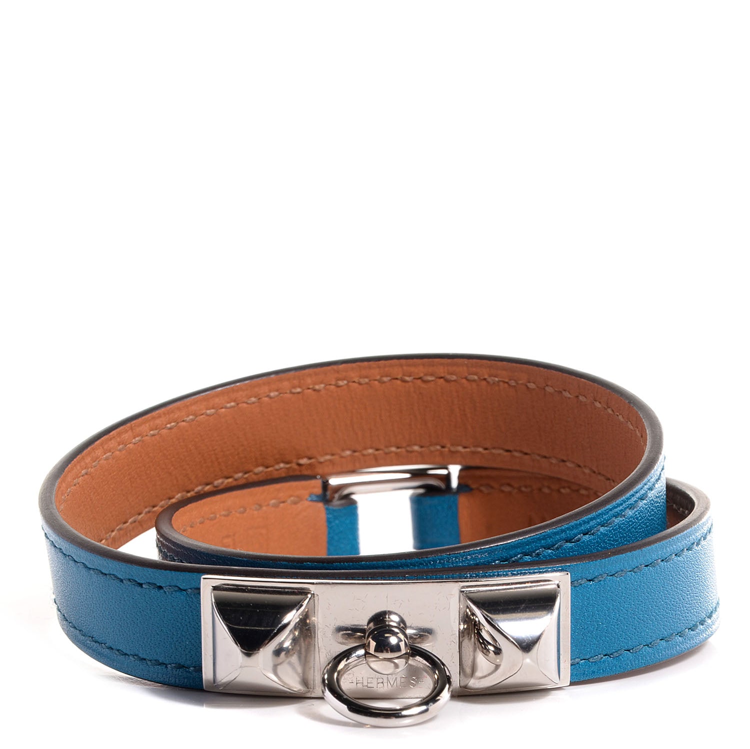 Hermes Veau Tadelakt Rivale Double Tour Bracelet Medium Bleu Izmir 1 of 8