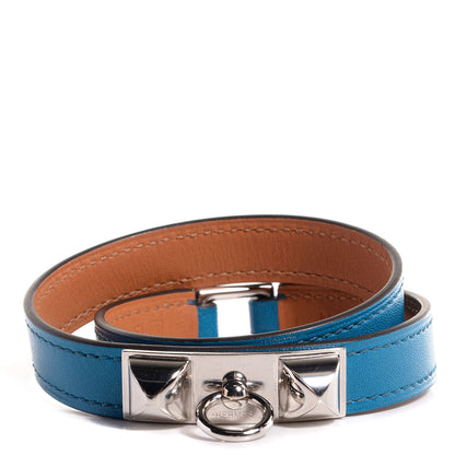 Hermes Veau Tadelakt Rivale Double Tour Bracelet Medium Bleu Izmir 1 of 8