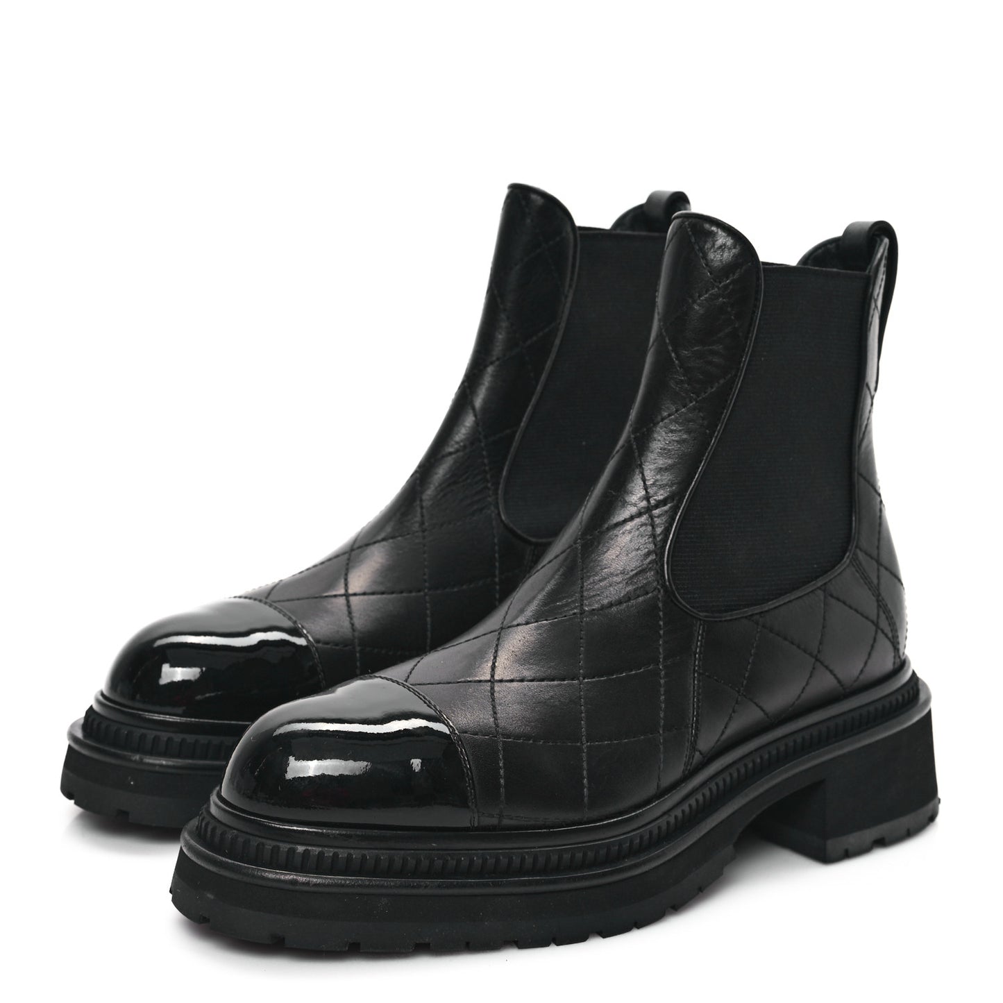 Calfskin Patent Cap Toe Quilted Short Boots 39.5 Black