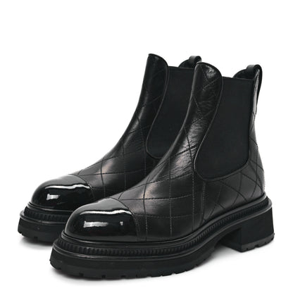 Chanel Calfskin Patent Cap Toe Quilted Short Boots 39.5 Black 3 of 8