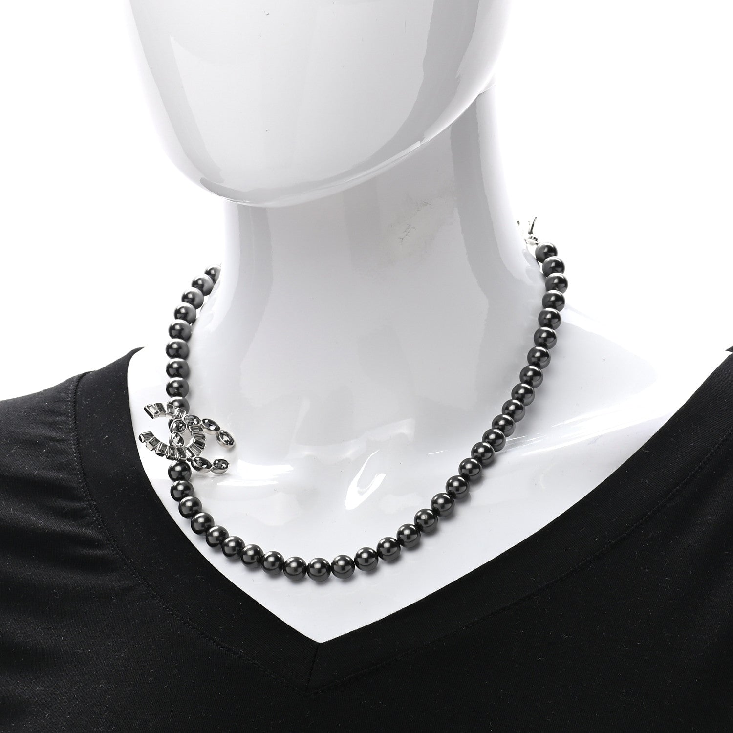 Chanel Pearl Baguette Crystal CC Necklace Silver Grey 2 of 6