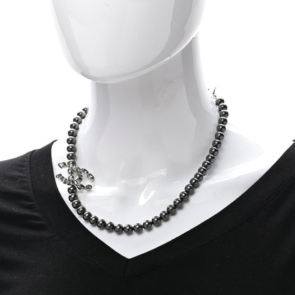 Chanel Pearl Baguette Crystal CC Necklace Silver Grey 2 of 6