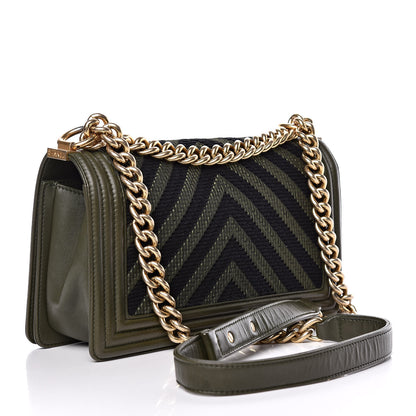 Chanel Fabric Chevron Braided Medium Boy Flap Black Dark Green 3 of 11