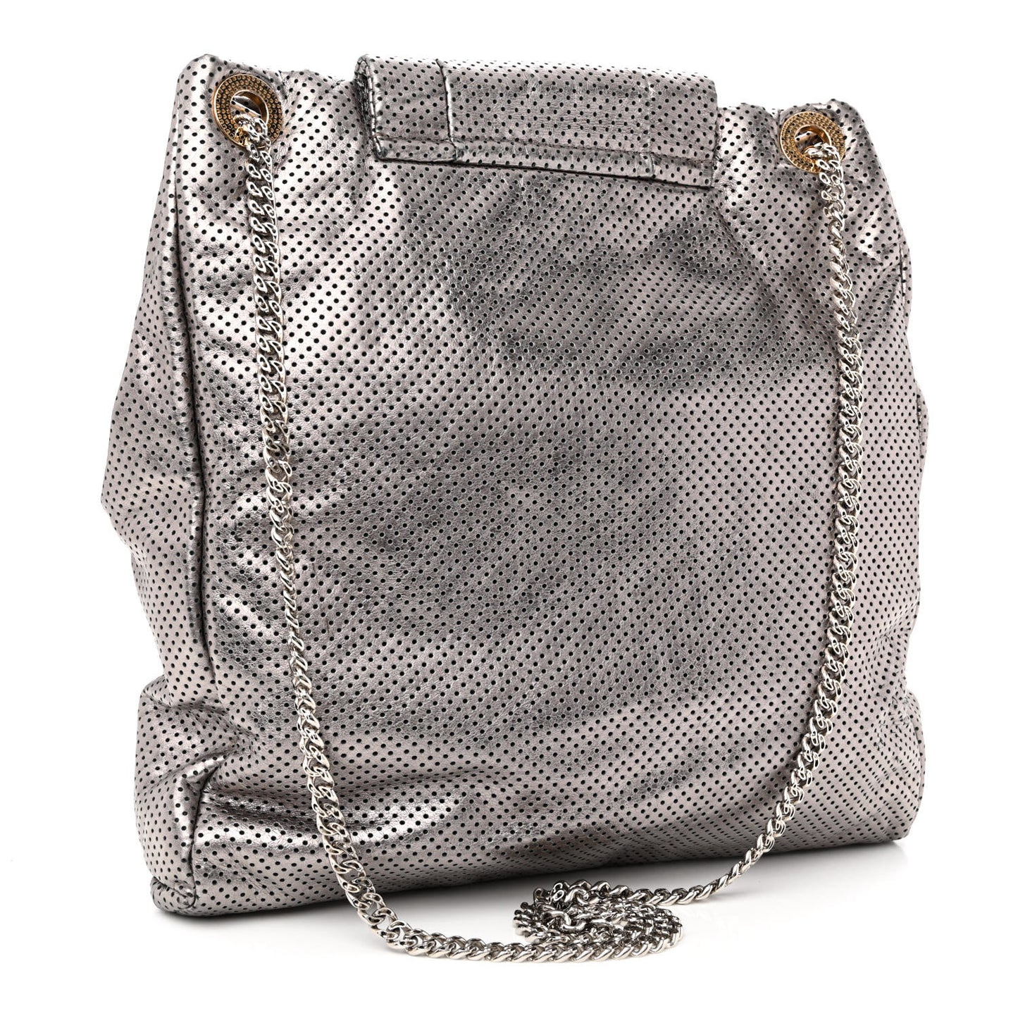 Metallic Crackled Calfskin Perforated Drill Shoulder Bag Silver
