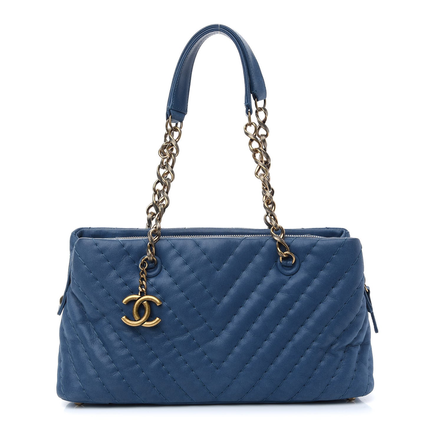 Iridescent Calfskin Chevron Quilted Surpique Tote Dark Blue