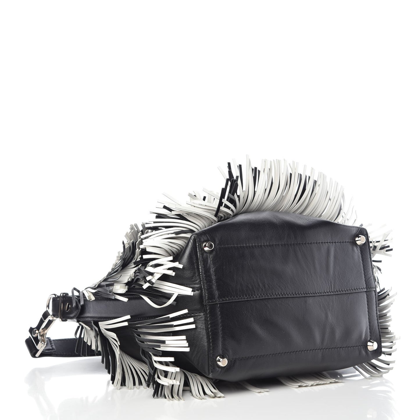Calfskin Medium Fringe Bucket Bag Black White