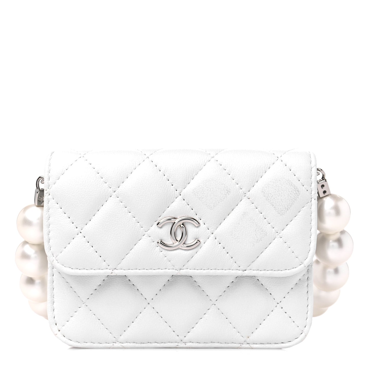 Calfskin Quilted Maxi Pearls Card Holder Flap With Chain White