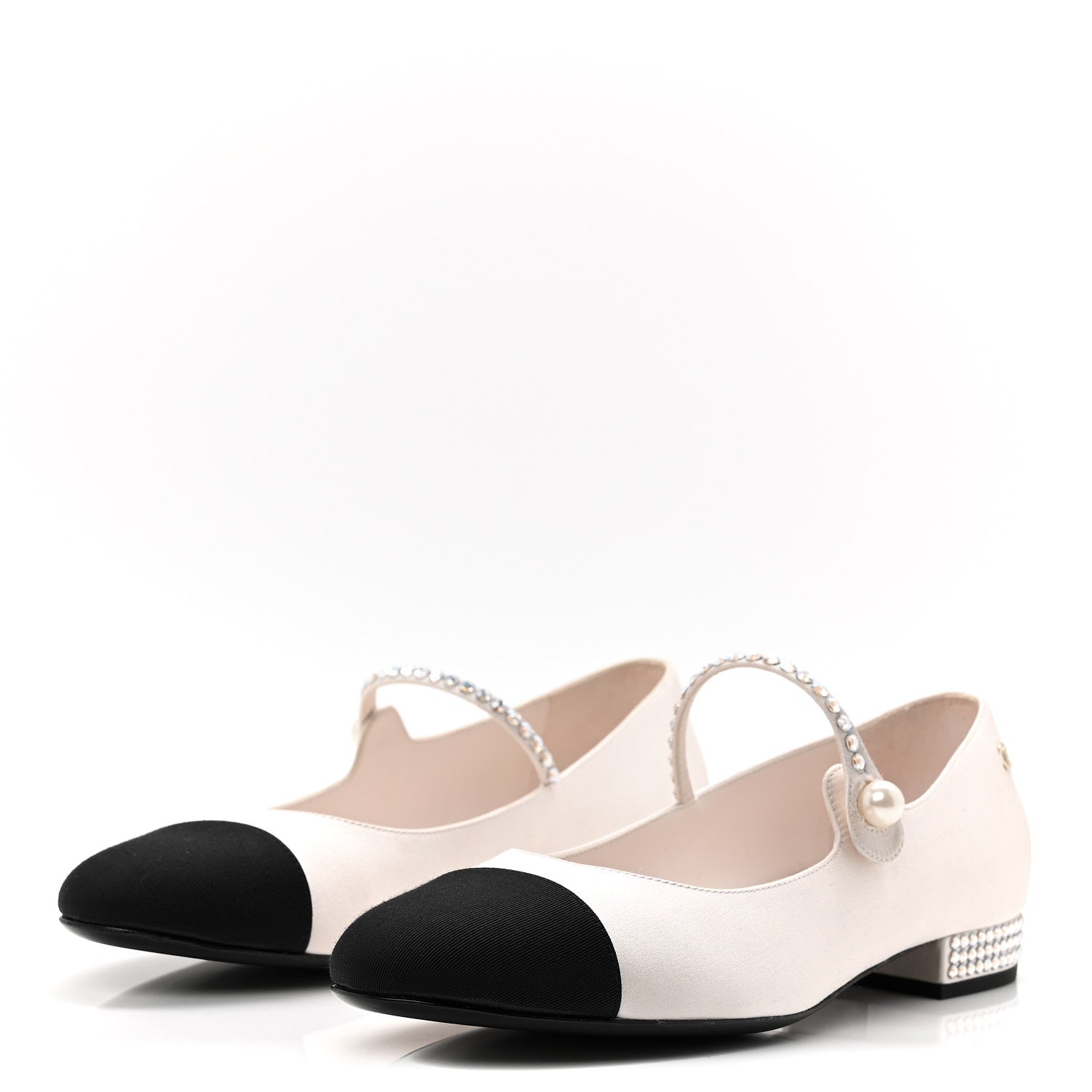 Chanel Strass Satin Grosgrain Mary Jane Flats 38 Ivory Black 4 of 10