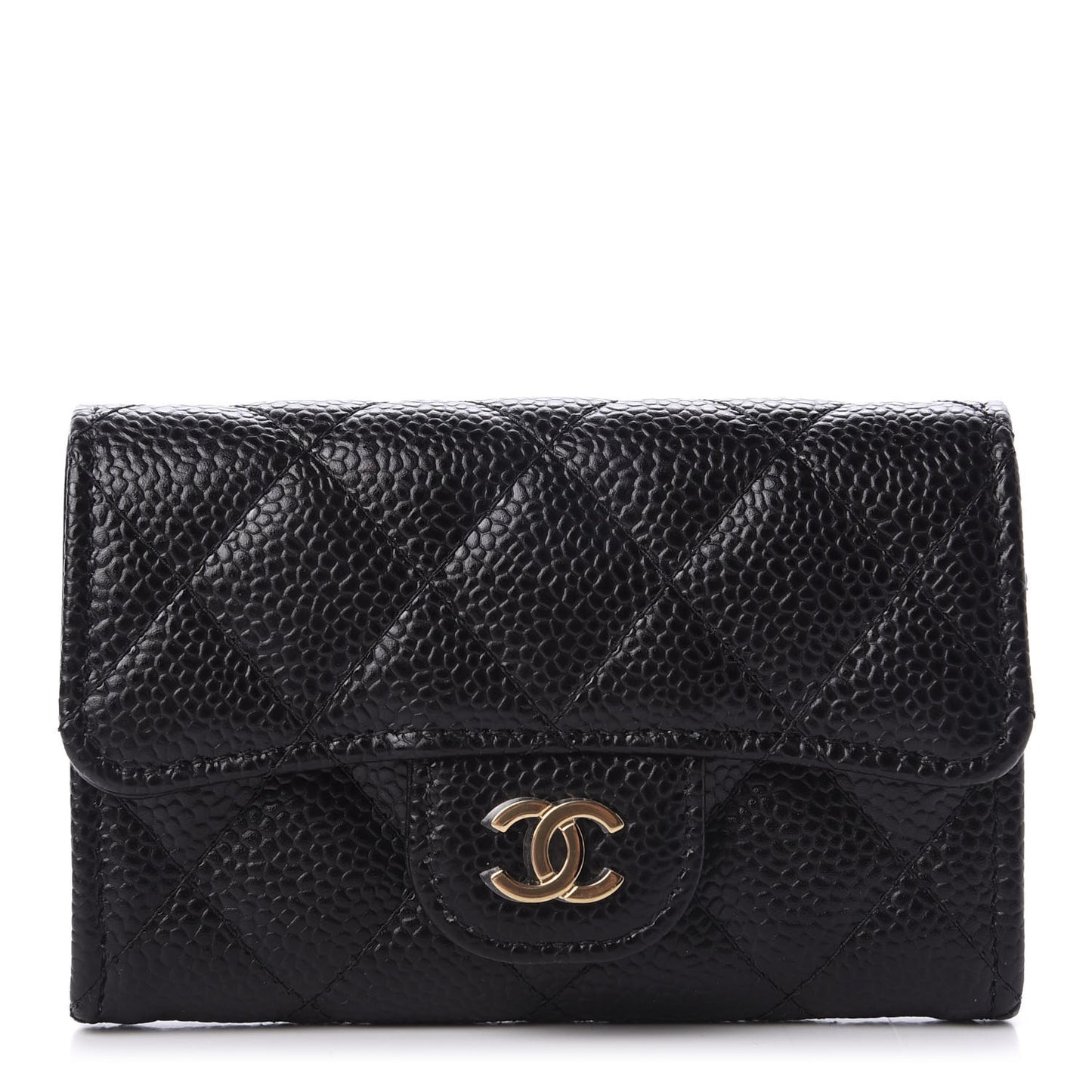 Caviar Quilted Flap Card Holder Wallet Black