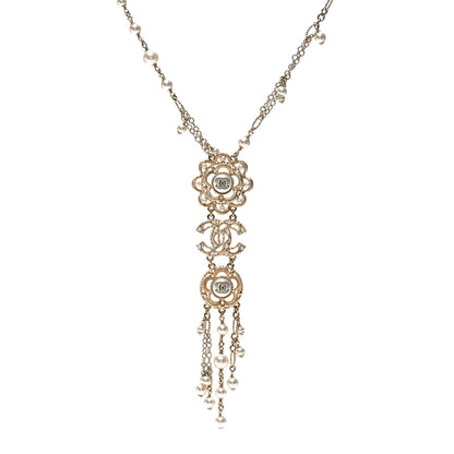 Chanel Crystal Pearl CC Multi Strand Dangle Necklace Gold 1 of 6