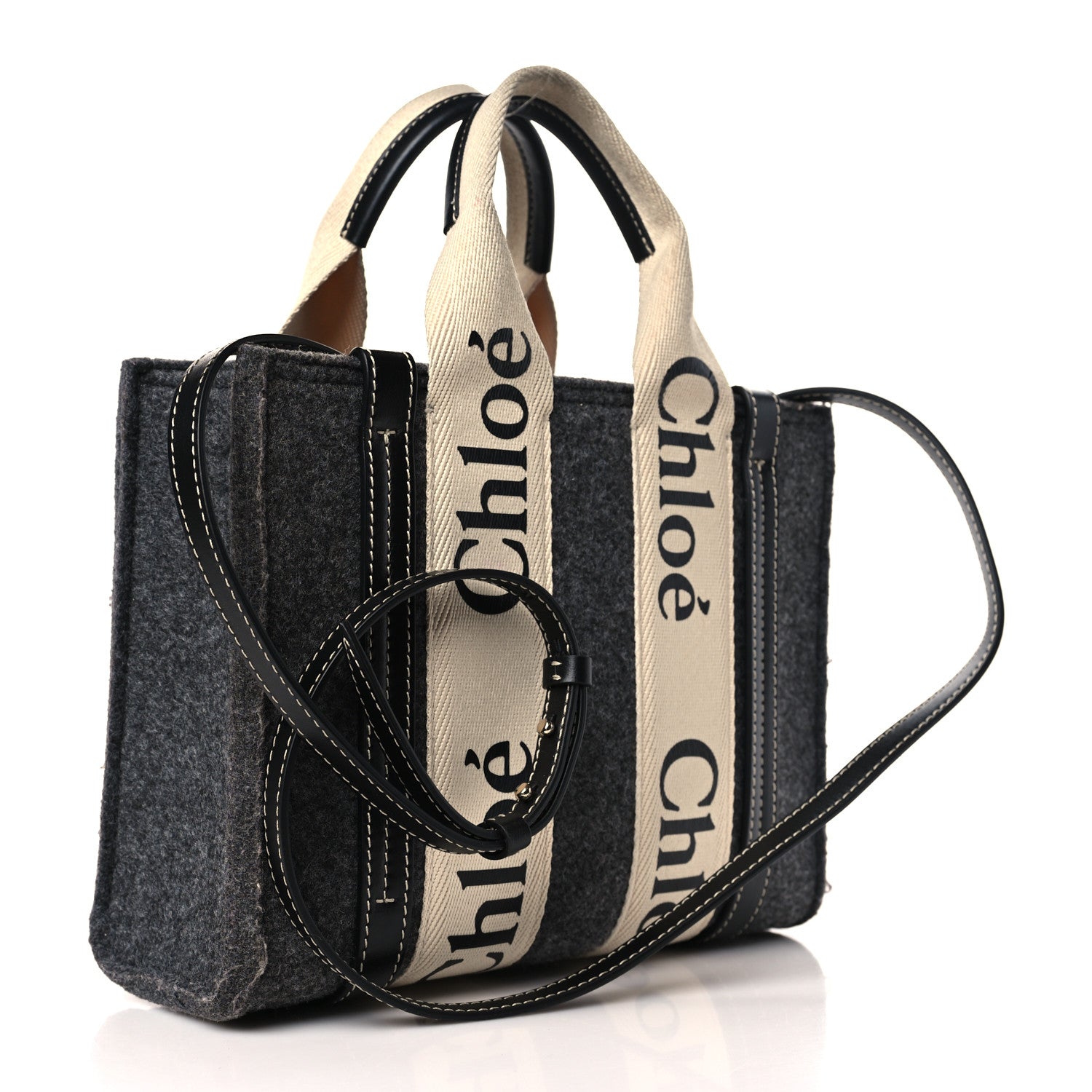 Chloe Felt Calfskin Small Woody Ribbon Tote With Strap Cashmere Grey 4 of 11