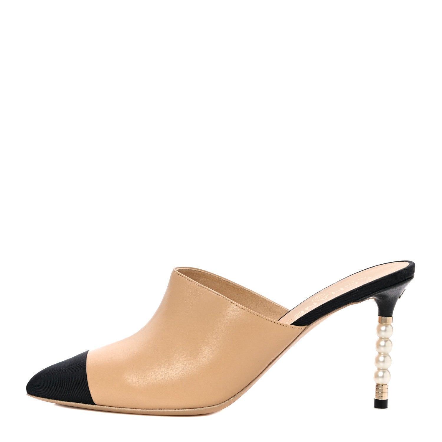CHANEL ベージュ ミュール Chanel Lambskin Grosgrain Cap Toe Pearl Mule 40 Beige Black 950555