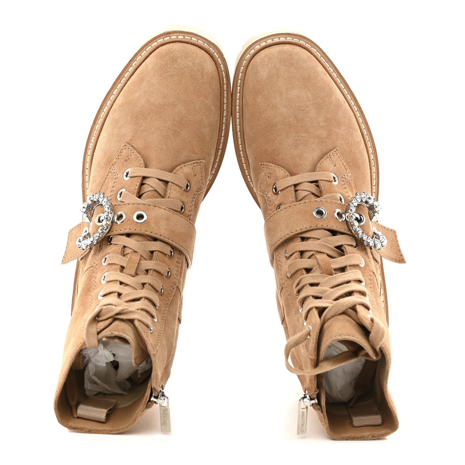 Jimmy Choo Suede Crystal Embellished Cora Flat Combat Boots 39 Caramel 2 of 9