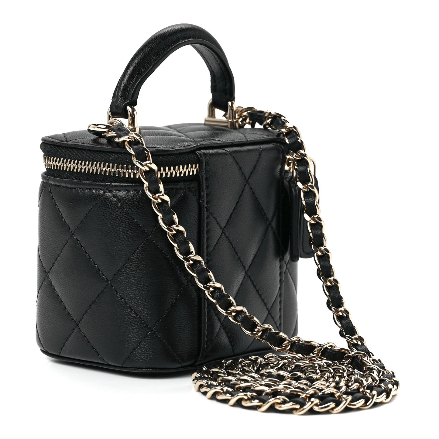 Lambskin Quilted Top Handle Mini Vanity Case With Chain Black