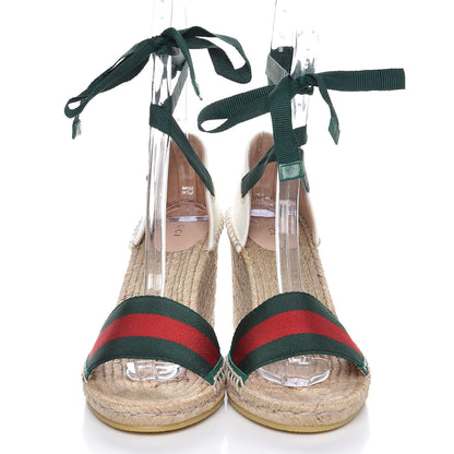 Gucci Canvas Malaga Kid Web Ankle Wrap Espadrille Wedge Sandals 40 Green Red Mystic White Emerald 3 of 11
