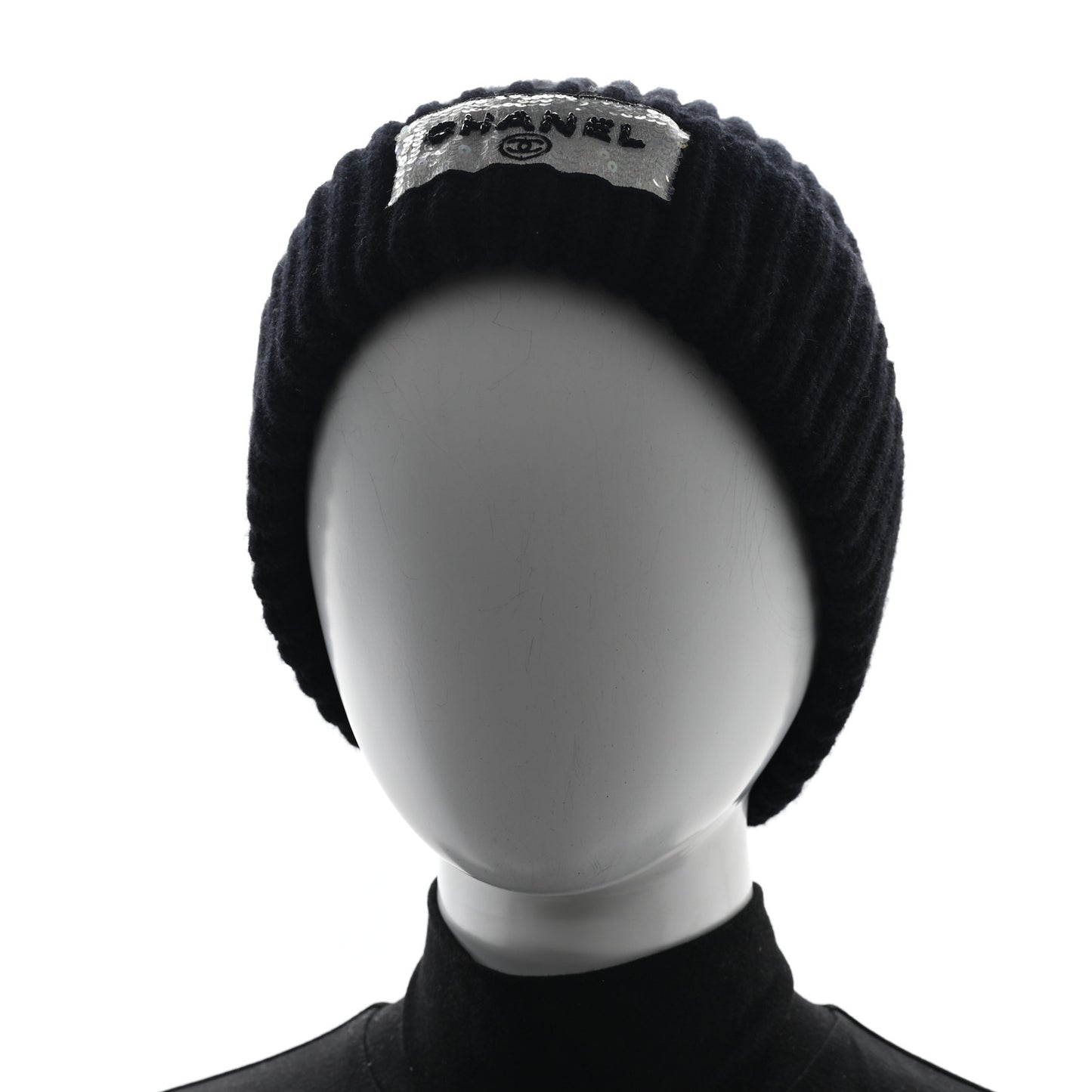 Cashmere Beaded Sequin Logo Beanie Hat Black