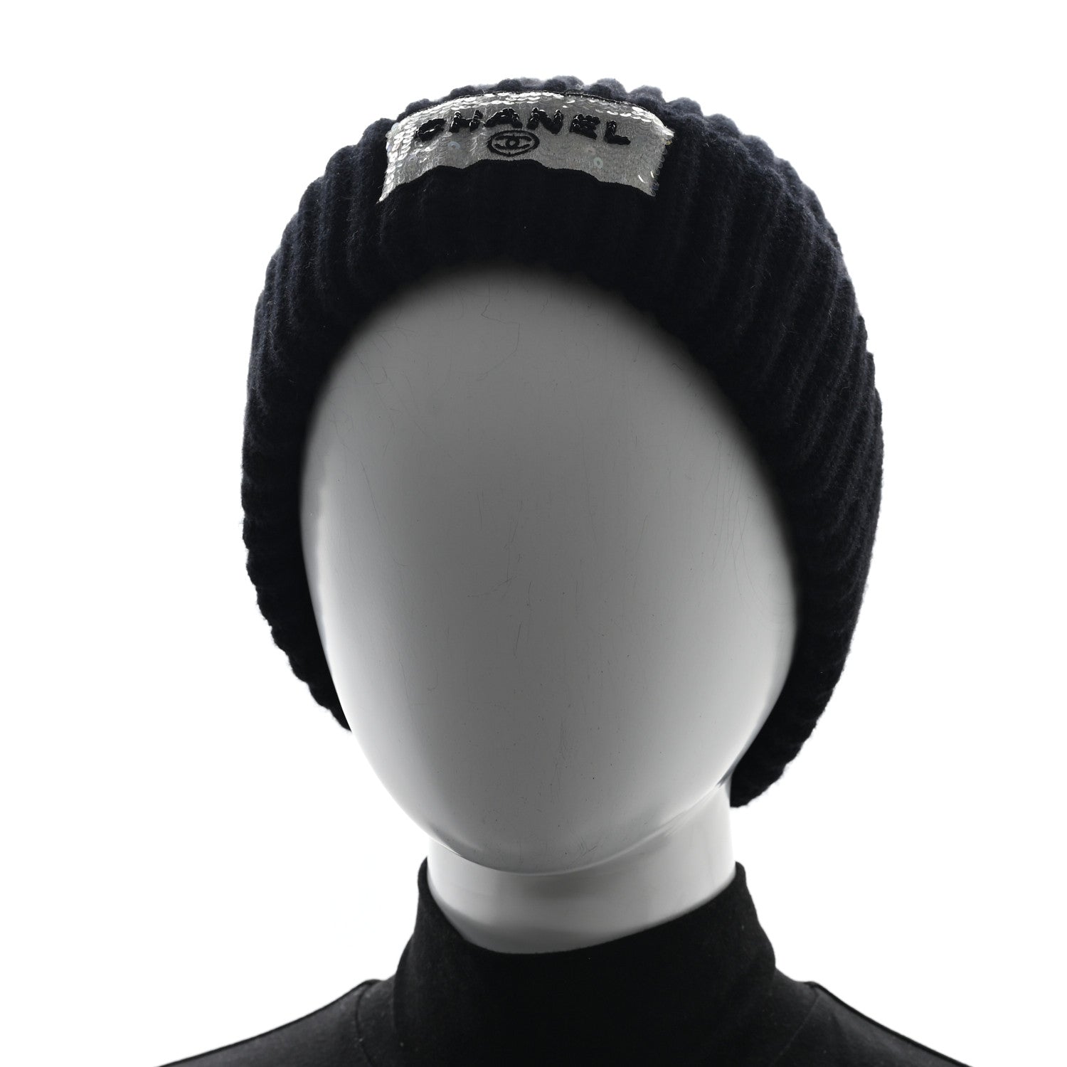 Chanel Cashmere Beaded Sequin Logo Beanie Hat Black 2 of 5