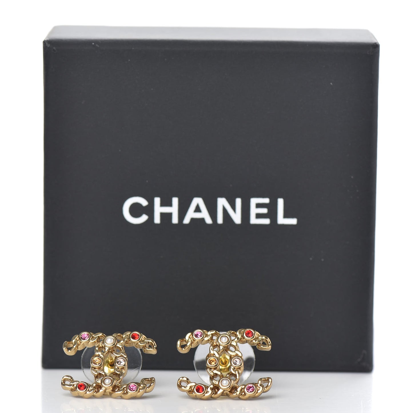 Pearl Crystal Chain Link CC Earrings Gold Red Pink Yellow