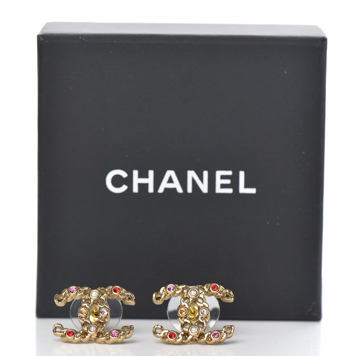 Chanel Pearl Crystal Chain Link CC Earrings Gold Red Pink Yellow 5 of 5
