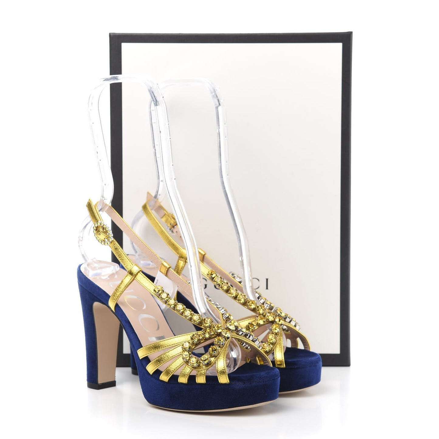 Velvet Nappa Crystal Zephyra Slingback Platform High Heel Sandals 35.5 Blue Gold