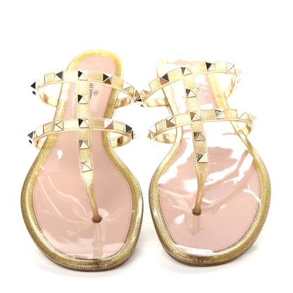 Valentino Garavani PVC Jelly Glitter Rockstud Caged Flat Thong Sandals 40 Oro 5 of 10