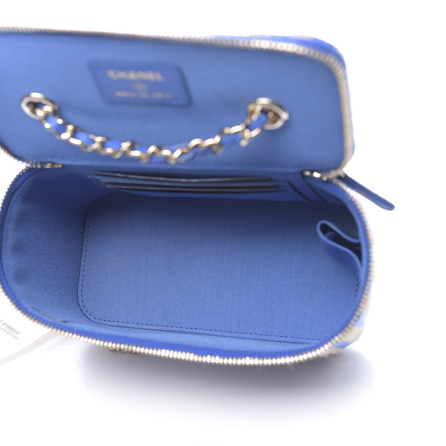 Raffia Jute Striped Small Vanity Case With Chain Blue Beige