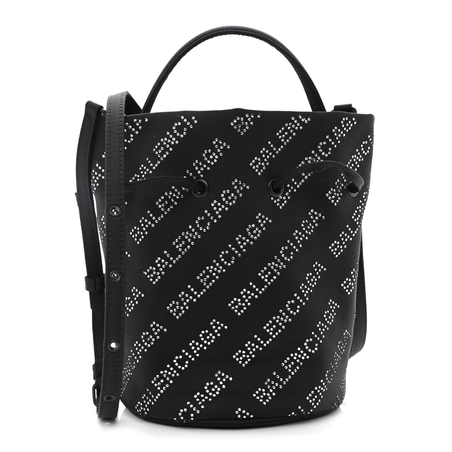 Balenciaga Recycled Sport Nylon Crystal Allover Logo Wheel Drawstring Bucket Bag Black Crystal 1 of 8