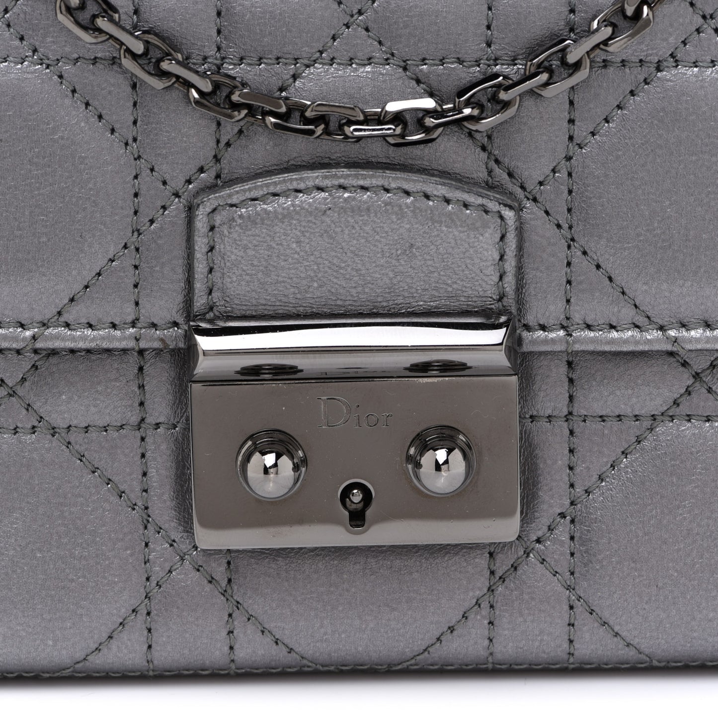 Metallic Lambskin Cannage Miss Dior Chain Wallet Silver