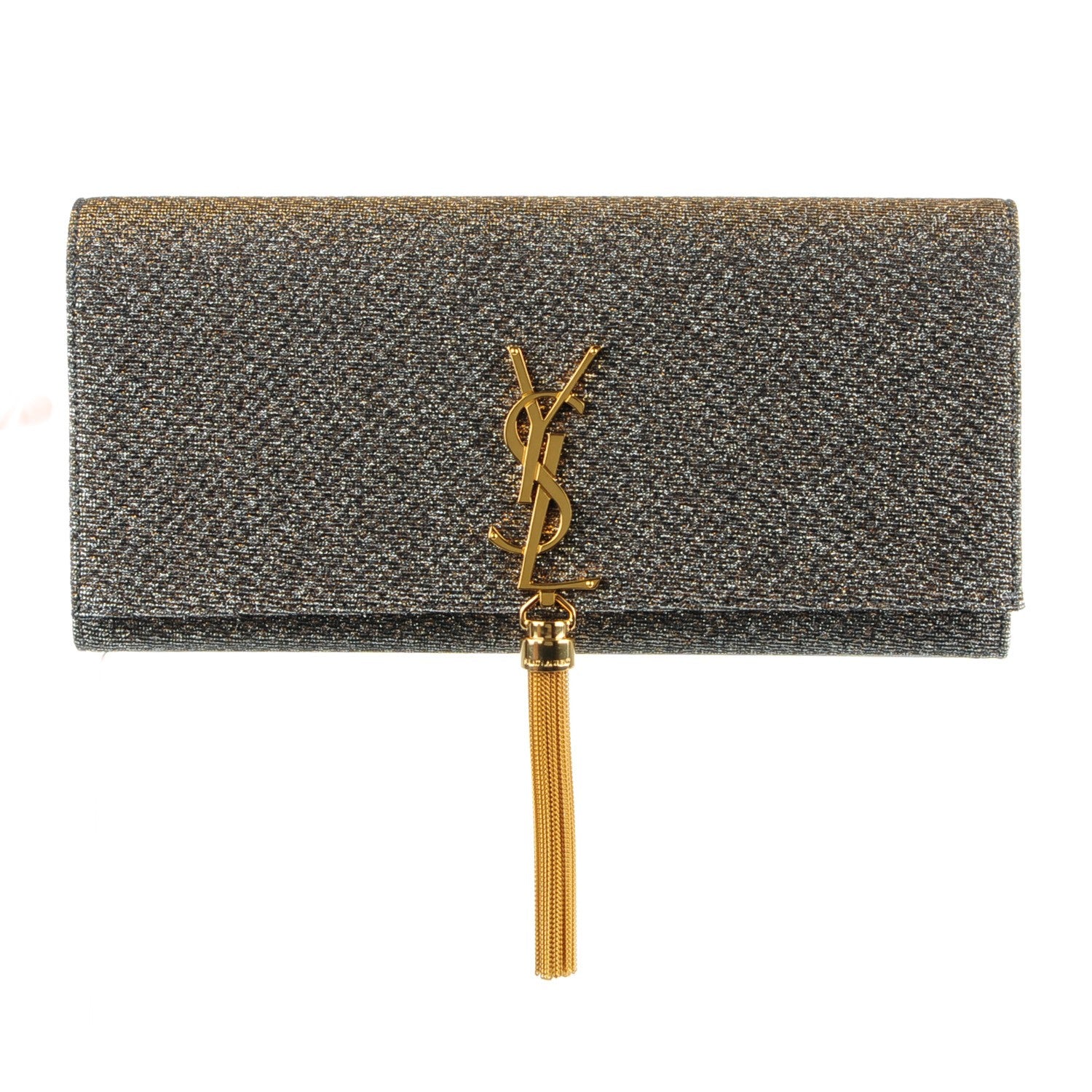 Saint Laurent Metallic Canvas Woven Classic Monogram Kate Tassel Clutch Silver Gold 1 of 6