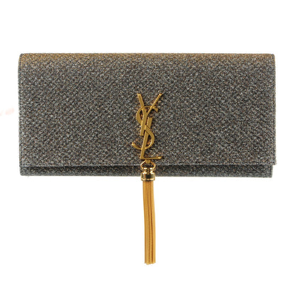 Saint Laurent Metallic Canvas Woven Classic Monogram Kate Tassel Clutch Silver Gold 1 of 6