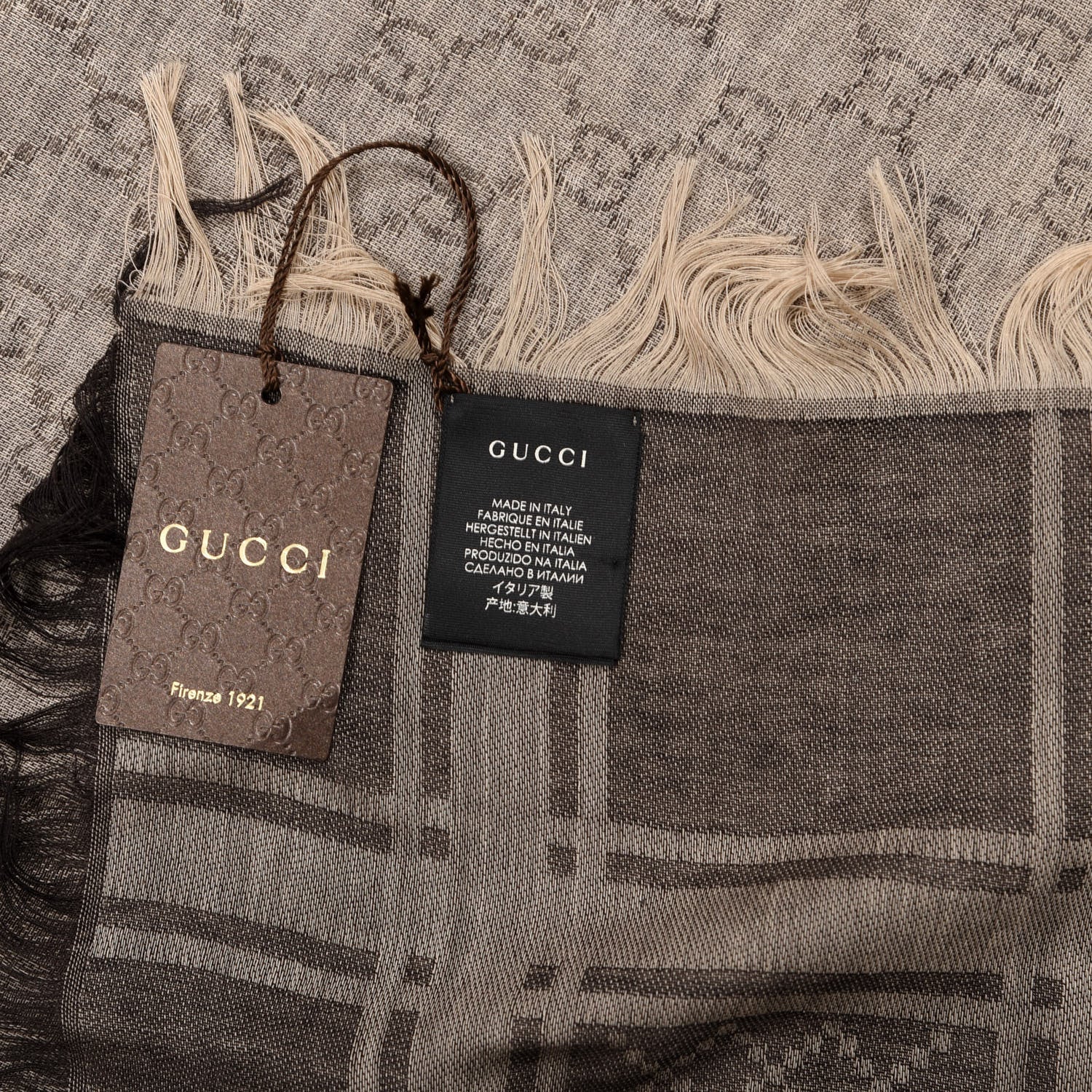 Gucci Wool Silk GG Monogram Diamante Plaid Surviee Shawl Beige Dark Brown 2 of 3