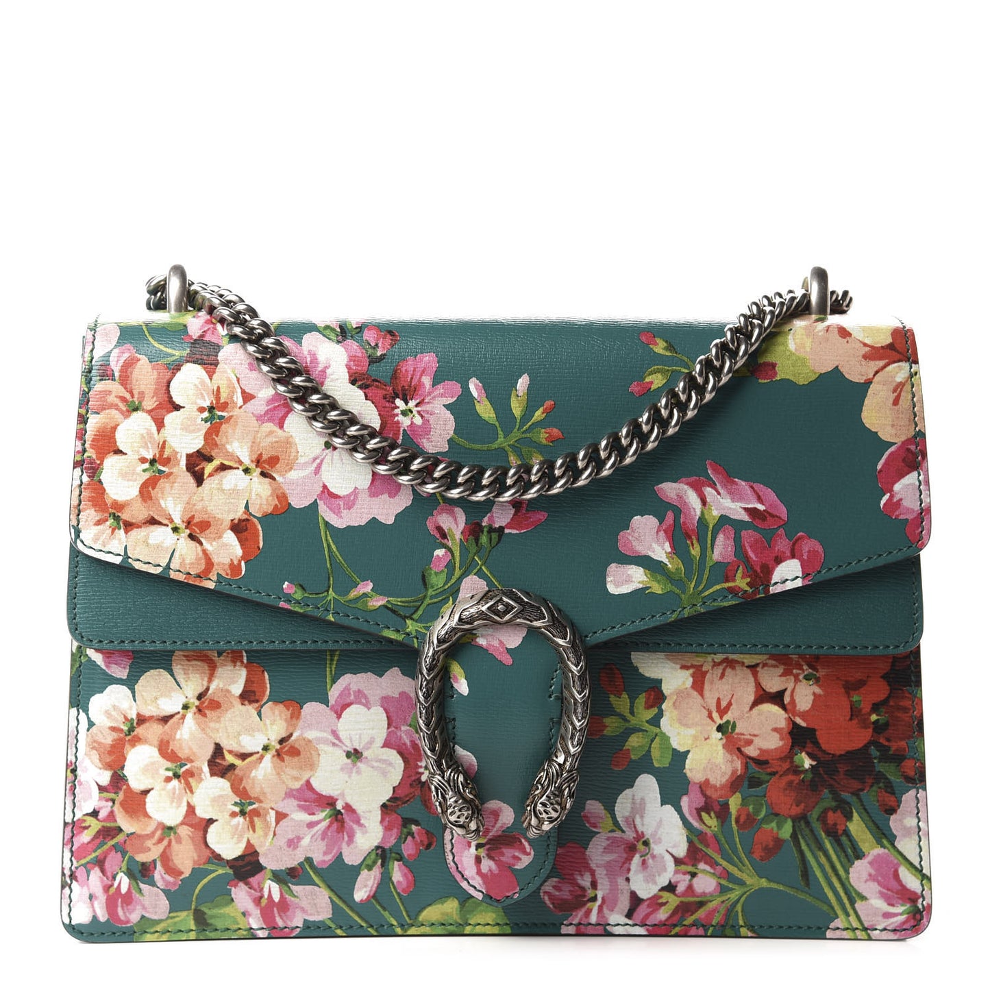 Calfskin Blooms Print Medium Dionysus Shoulder Bag Bright Emerald Multicolor